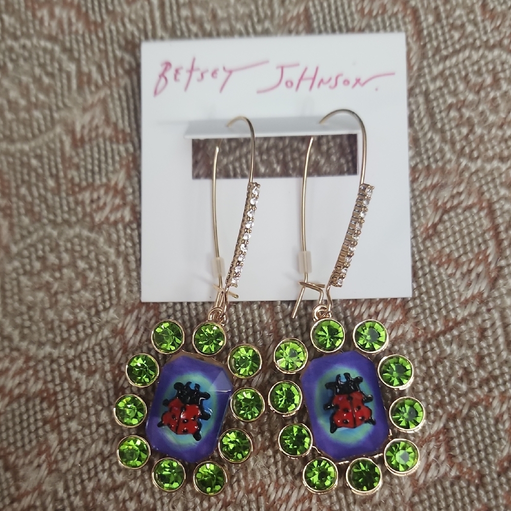 Betsey Johnson Green Crystal Ladybug Earrings